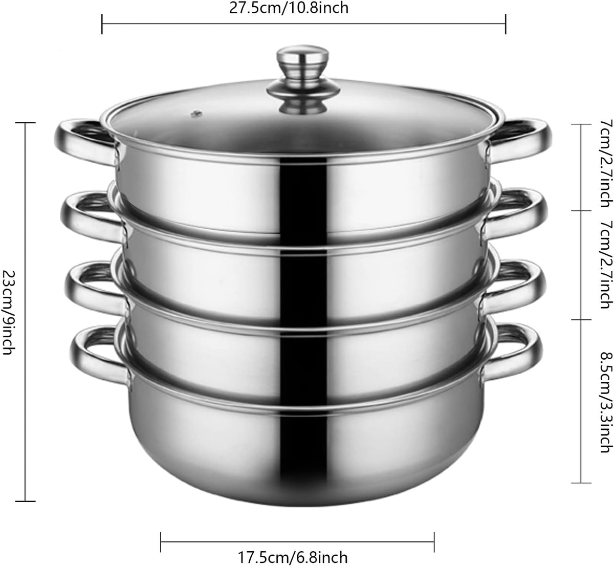 4 Piece Stainless Steel Steamer Pot Set with Glass Lid and handle,for Steamer Cooking,Casserole,Saucepan (4 layer)