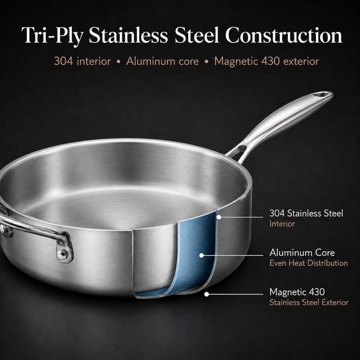 WANGYUANJI 11 Inch Tri-Ply Stainless Steel Saute Pan with Glass Lid, 4.7 QT Deep Skillet for 3–4 Servings, 18/10 304 Interior, Induction Compatible, Oven & Dishwasher Safe