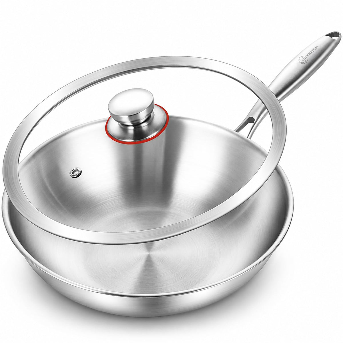 LOLYKITCH 11-Inch Tri-Ply Stainless Steel Wok Pan with Lid | Riveted Handle