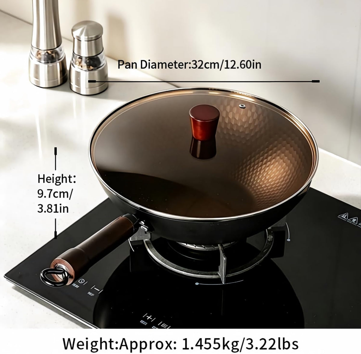Amercook 12 Inch Carbon Steel Wok with Lid, Pre-Seasoned Flat Bottom Wok Pan, 5.5QT Nonstick Chinese Woks & Stir-Fry Pans for Induction, Gas, Electric Stovetop, Uncoated No Chemical (12.60-in)