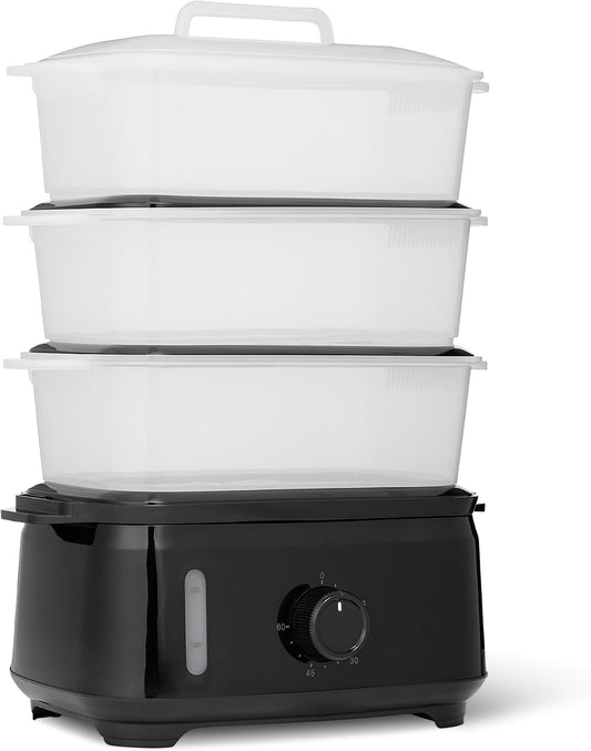 Amazon Basics Electric Food Steamer for Cooking Vegetables, 3-Tier Design, 60-Minute Timer with Auto Shutoff, Easy Water Refill System, BPA-Free, 9.5 QT, Black
