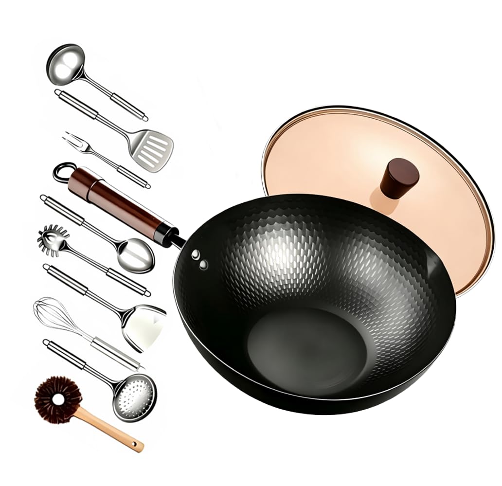 Amercook 12 Inch Carbon Steel Wok with Lid, Pre-Seasoned Flat Bottom Wok Pan, 5.5QT Nonstick Chinese Woks & Stir-Fry Pans for Induction, Gas, Electric Stovetop, Uncoated No Chemical (12.60-in)