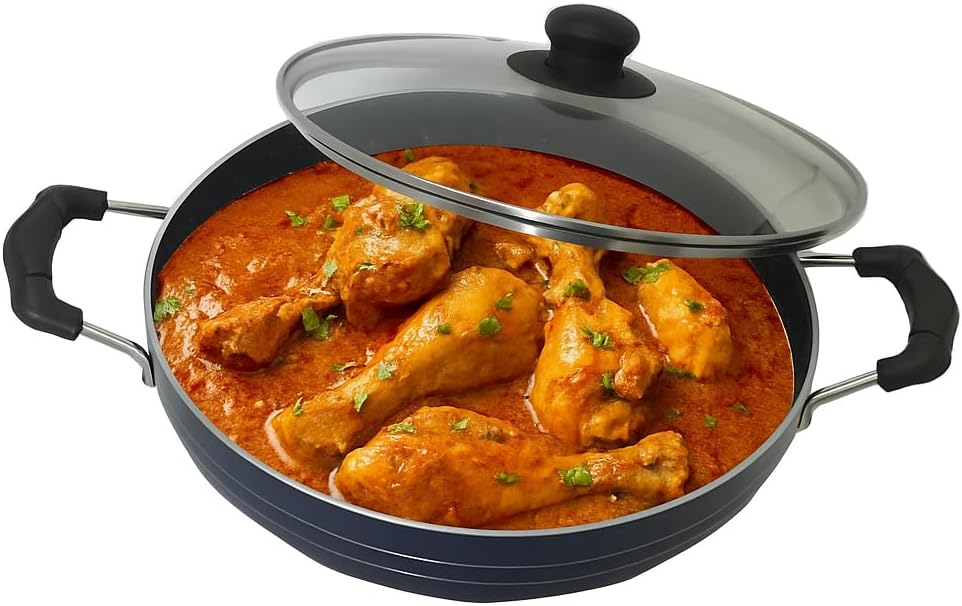 Deep Kadhai Induction Base Non-Stick Kadai with Glass Lid Frying Wok Flat Bottom Non Stick All Purpose Pan Aluminum Kadhai Deep Fry Pan 2.2 litre