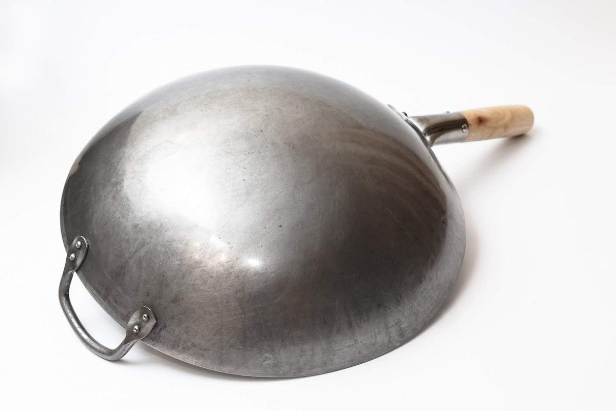Craft Wok Traditional Hand Hammered Chinese Carbon Steel Wok with Wooden and Steel Helper Handle (14 Inch, Round Bottom Pow Wok Pan) / 731W88
