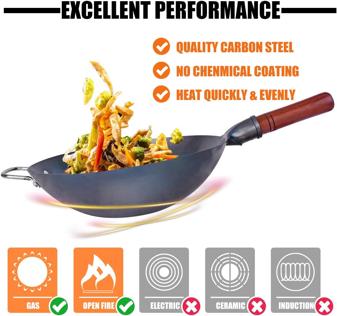 Teewe 13.4" Carbon Steel Wok Traditional Hand Hammered Round Bottom Wok