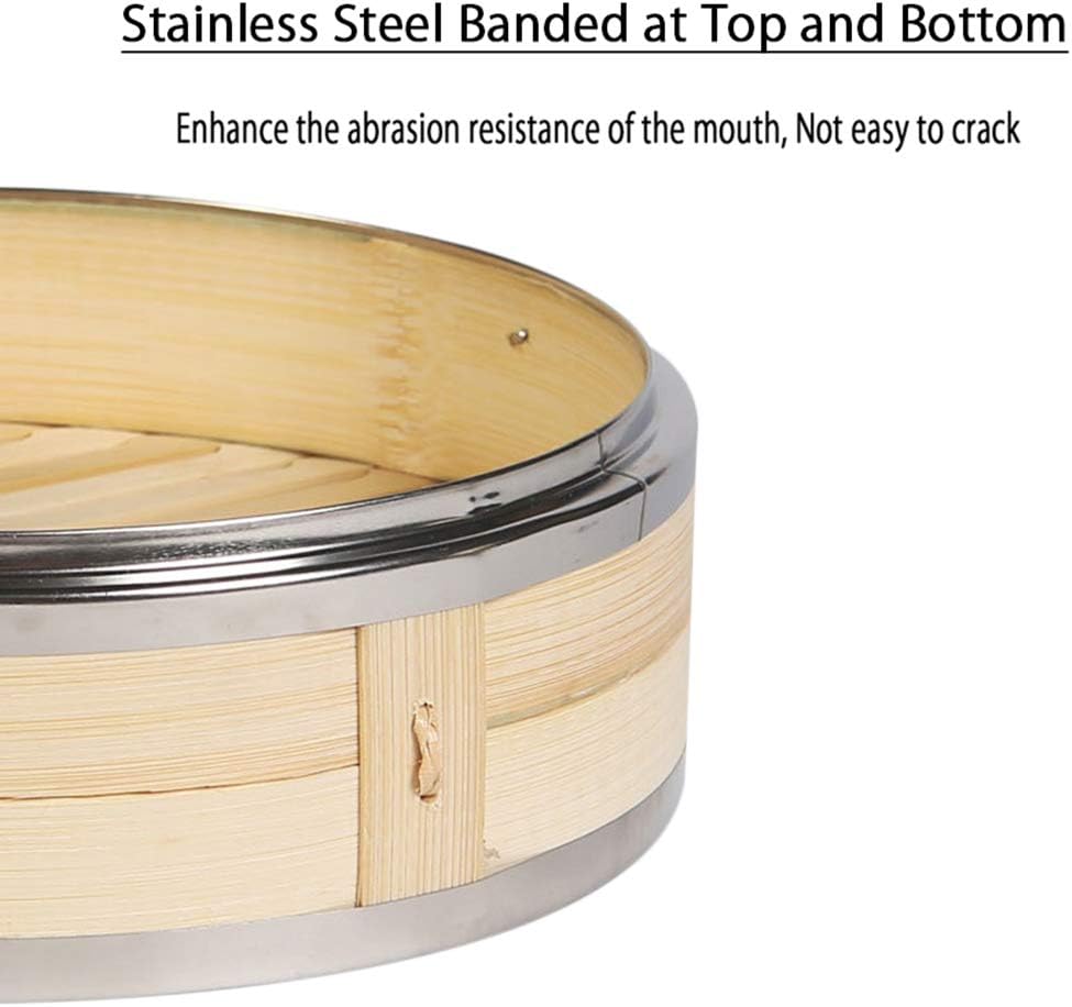 2-Tier Kitchen Bamboo Steamer with Stainless Steel Rings for Asian Cooking | Sauce Dish & 2-Chopsticks | Buns Dumplings Vegetables Fish Rice