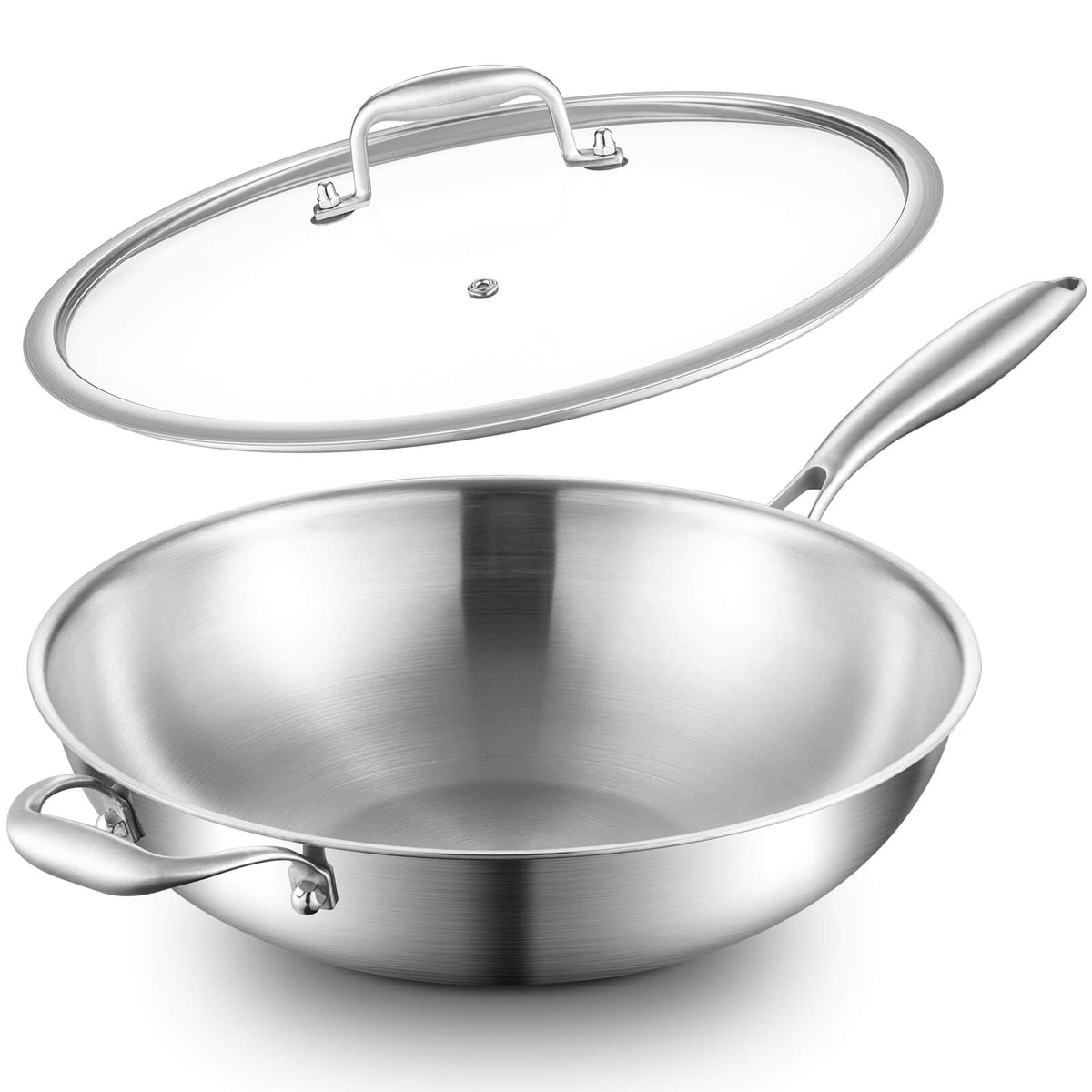 DELARLO Tri-Ply Stainless Steel Woks, 12 Inch Healthy Non-Toxic Cooking Wok Pan with Lid, Wide & Deep Cookware Stir-Fry Pans, Dishwasher and Oven Safe Up To 600°F, Works on Induction，Detachable Handle