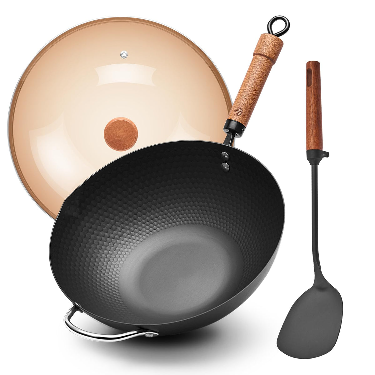 WANGYUANJI 9.5-Inch Carbon Steel Wok with Lid, Flat Bottom Stir Fry Pan