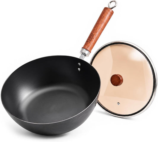 10.2-Inch Carbon Steel Wok Frying Pan with Lid, Flat Bottom