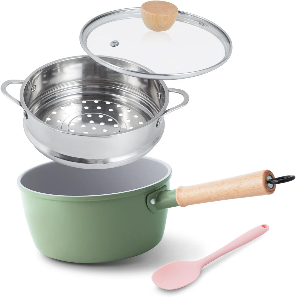 ROCKURWOK Ceramic Nonstick Sauce Pan with Steamer, 2.5QT Cooking Pot, Green