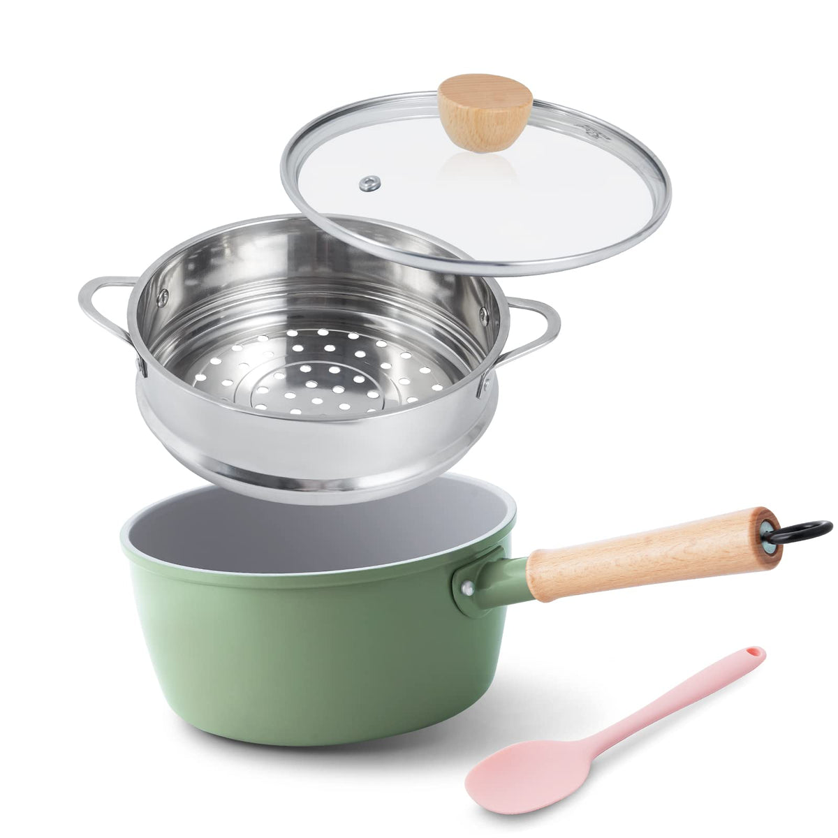 ROCKURWOK Ceramic Nonstick Sauce Pan with Steamer, 2.5QT Cooking Pot, Green