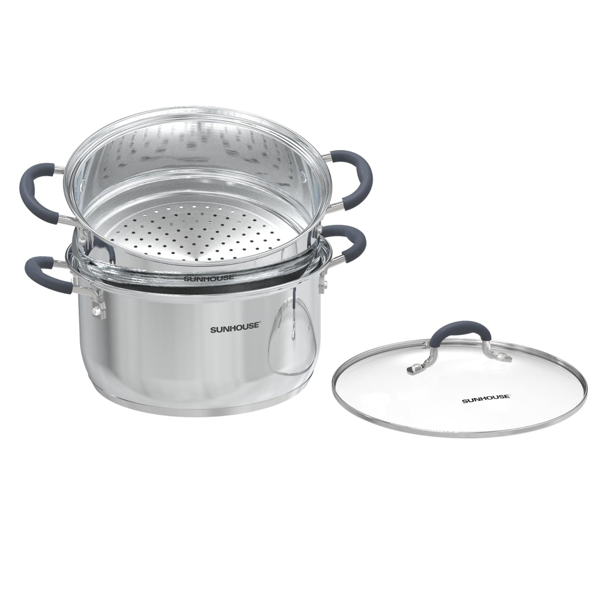 SUNHOUSE 6.3 QT Stainless Steel Steamer Pot for Cooking with Glass Lid