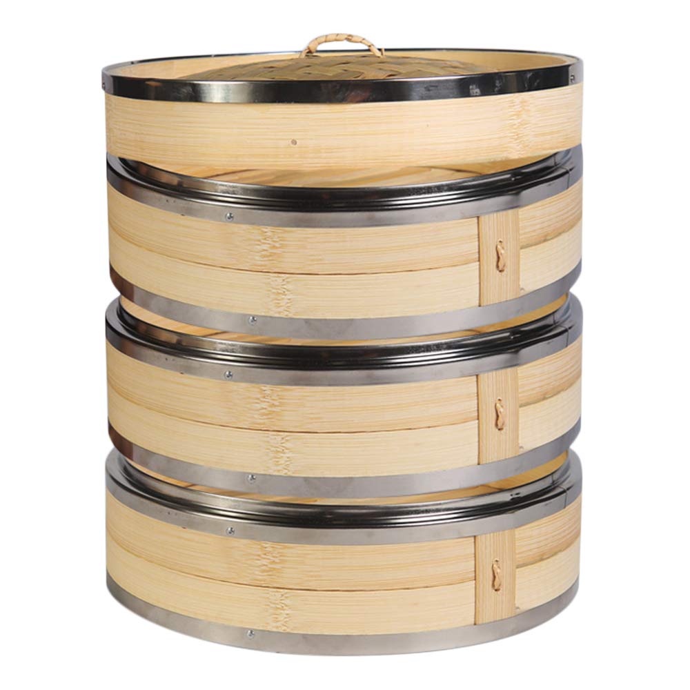 2-Tier Kitchen Bamboo Steamer with Stainless Steel Rings for Asian Cooking | Sauce Dish & 2-Chopsticks | Buns Dumplings Vegetables Fish Rice