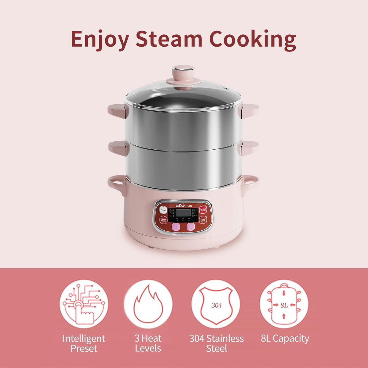 Bear Electric Multifunctional Food Steamer, One Touch Digital Steamer with Timer, Vegetable Steamer 2 Tiered Stackable Stainless Steel Baskets, Auto Shut-off & Anti-dry Protection, 1200W, 8.5Quart