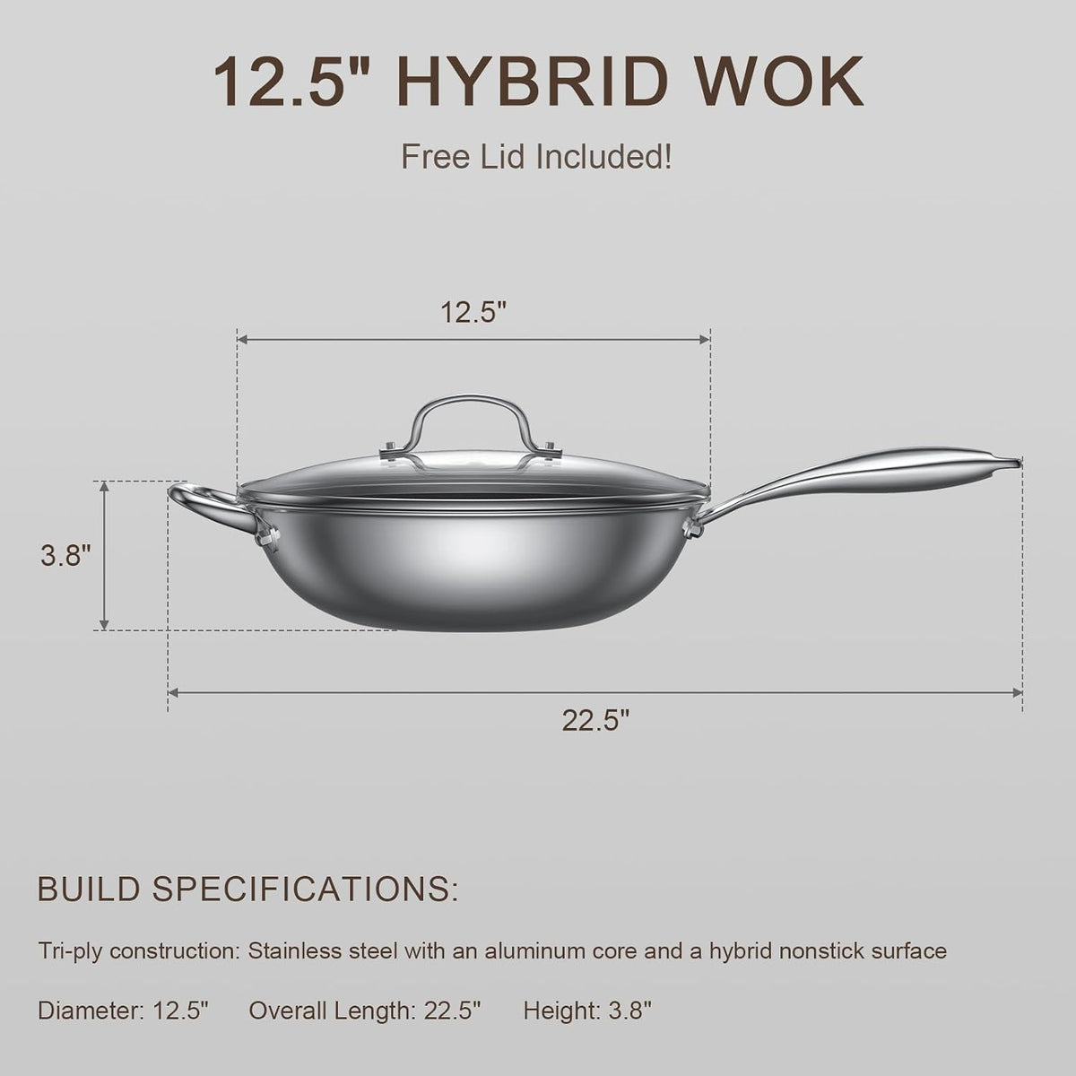 12.5-Inch Hybrid Stainless Steel Wok Pan with Lid, Laser-Textured Nonstick Stir Fry Pan, PFOA-Free, Induction Compatible, Oven & Dishwasher Safe for All Cooktops
