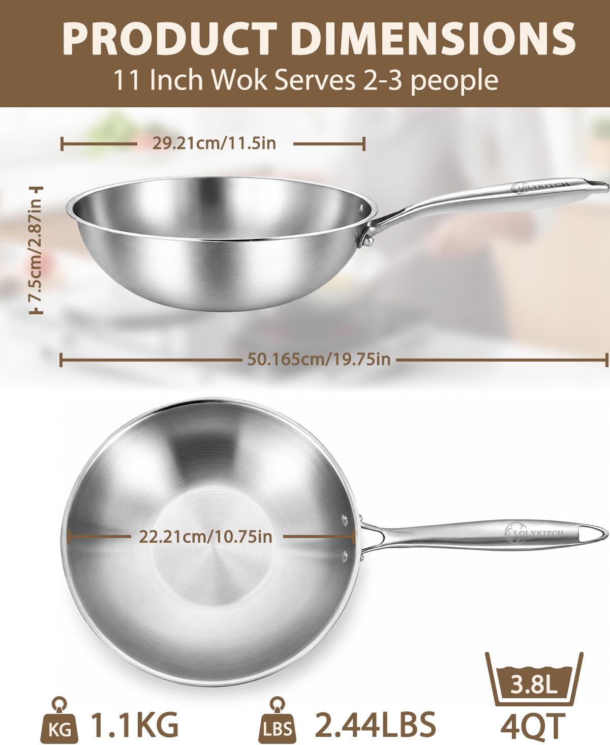 LOLYKITCH 11-Inch Tri-Ply Stainless Steel Wok Pan with Lid | Riveted Handle