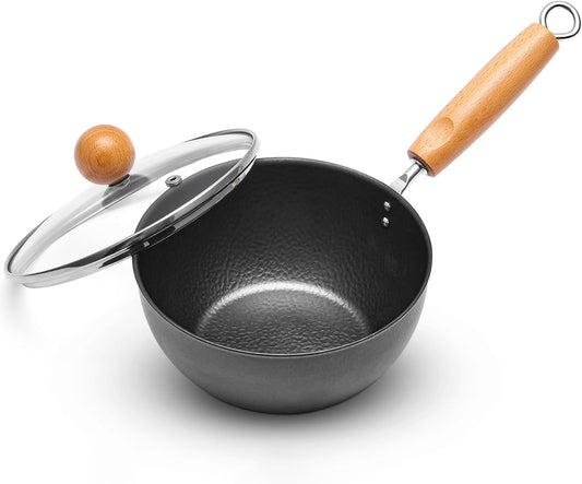 Small Carbon Steel Wok with Lid, 7-Inch 1.5QT Flat Bottom Pan
