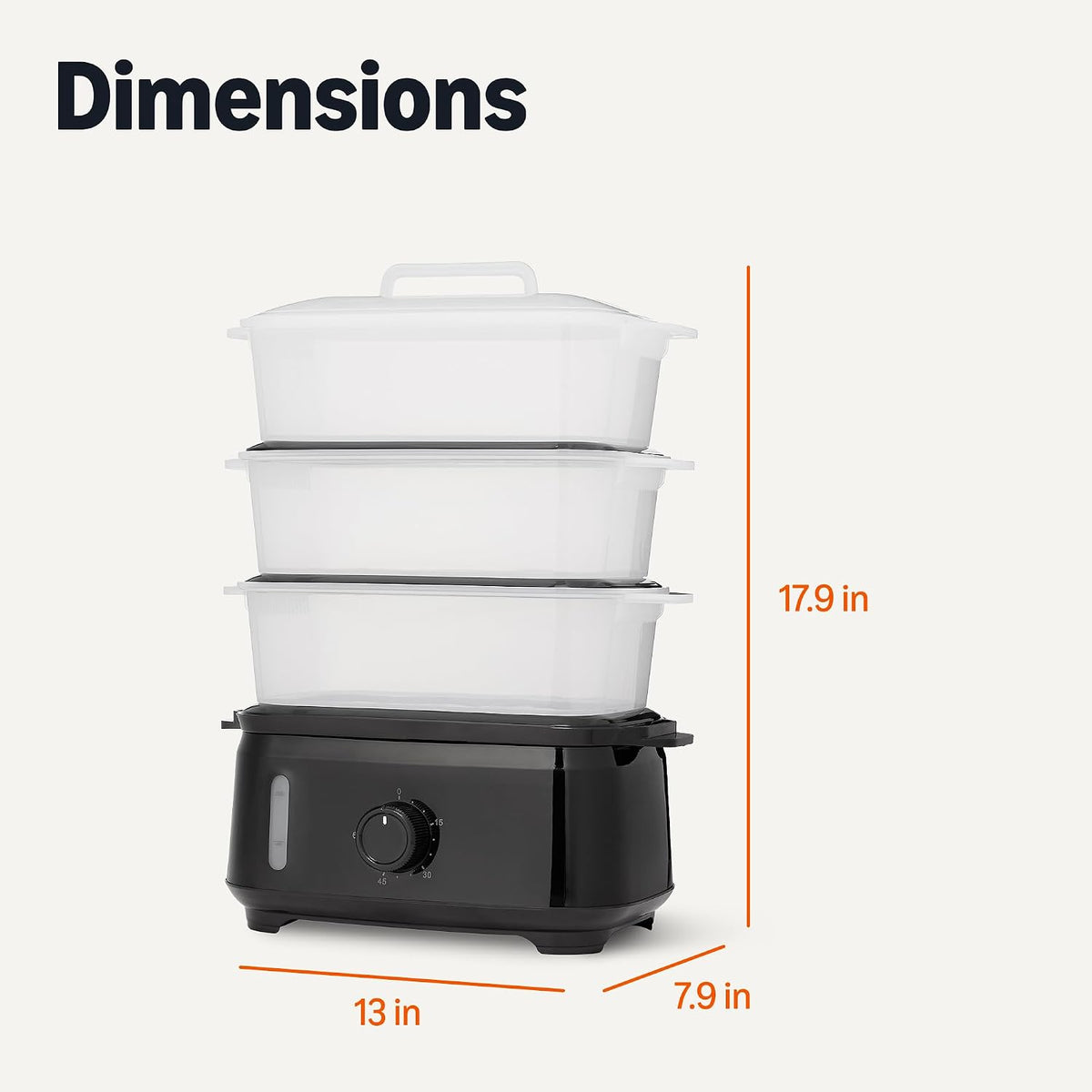 Amazon Basics Electric Food Steamer for Cooking Vegetables, 3-Tier Design, 60-Minute Timer with Auto Shutoff, Easy Water Refill System, BPA-Free, 9.5 QT, Black