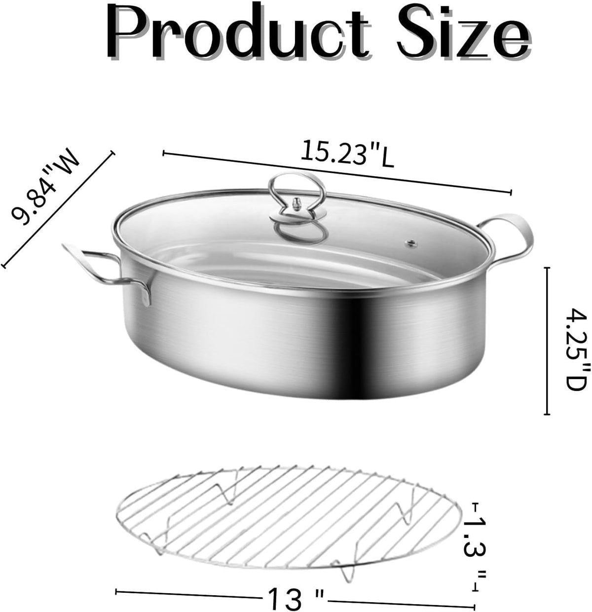 Stainless Steel Fish Steamer Set,Multi-Use Oval Steamer Pot with Glass Lid Rack, Ceramic Plate, Chuck, Steaming Pot for Fish, Oyster,Boiling Soup 15 x 9.8 inches