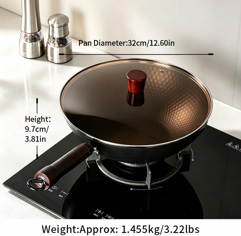 Amercook Cast Iron Wok, Frying Pan, Chinese Wok, Flat Bottom Cookware, Non-Stick Easy To Clean For Frying, Stir-Frying, Cooking, PFOA-Free, Dishwasher Safe Compatible With All Kitchen (12.59-in)