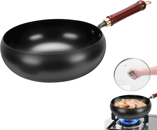Gugxiom Suntuup Japanese Iron Pan, 28cm/11in Cast Iron Wok (Glass lid)