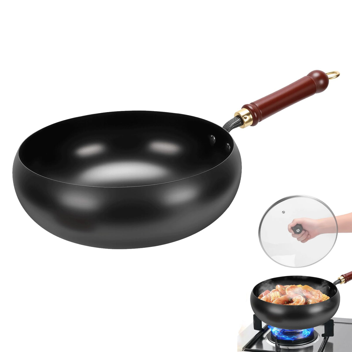 Gugxiom Suntuup Japanese Iron Pan, 28cm/11in Cast Iron Wok (Glass lid)