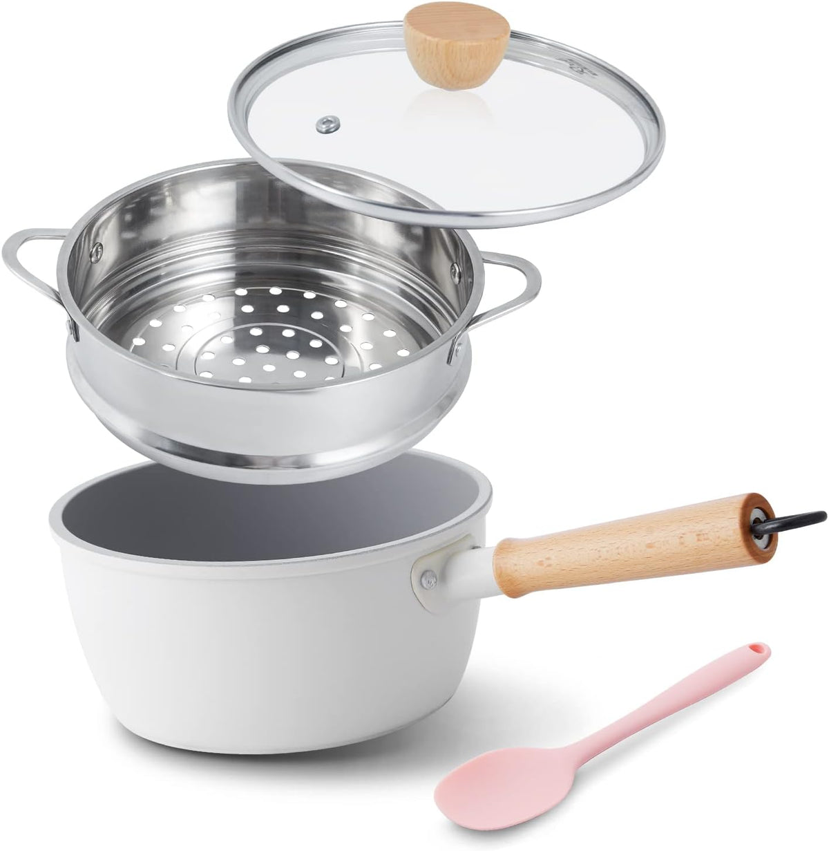 ROCKURWOK Non Stick Sauce Pan with Steamer, 2.5QT Small Pot, Beige White