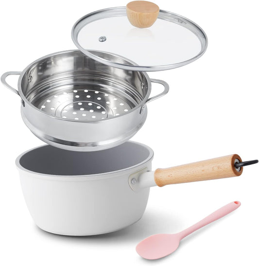 ROCKURWOK Non Stick Sauce Pan with Steamer, 2.5QT Small Pot, Beige White