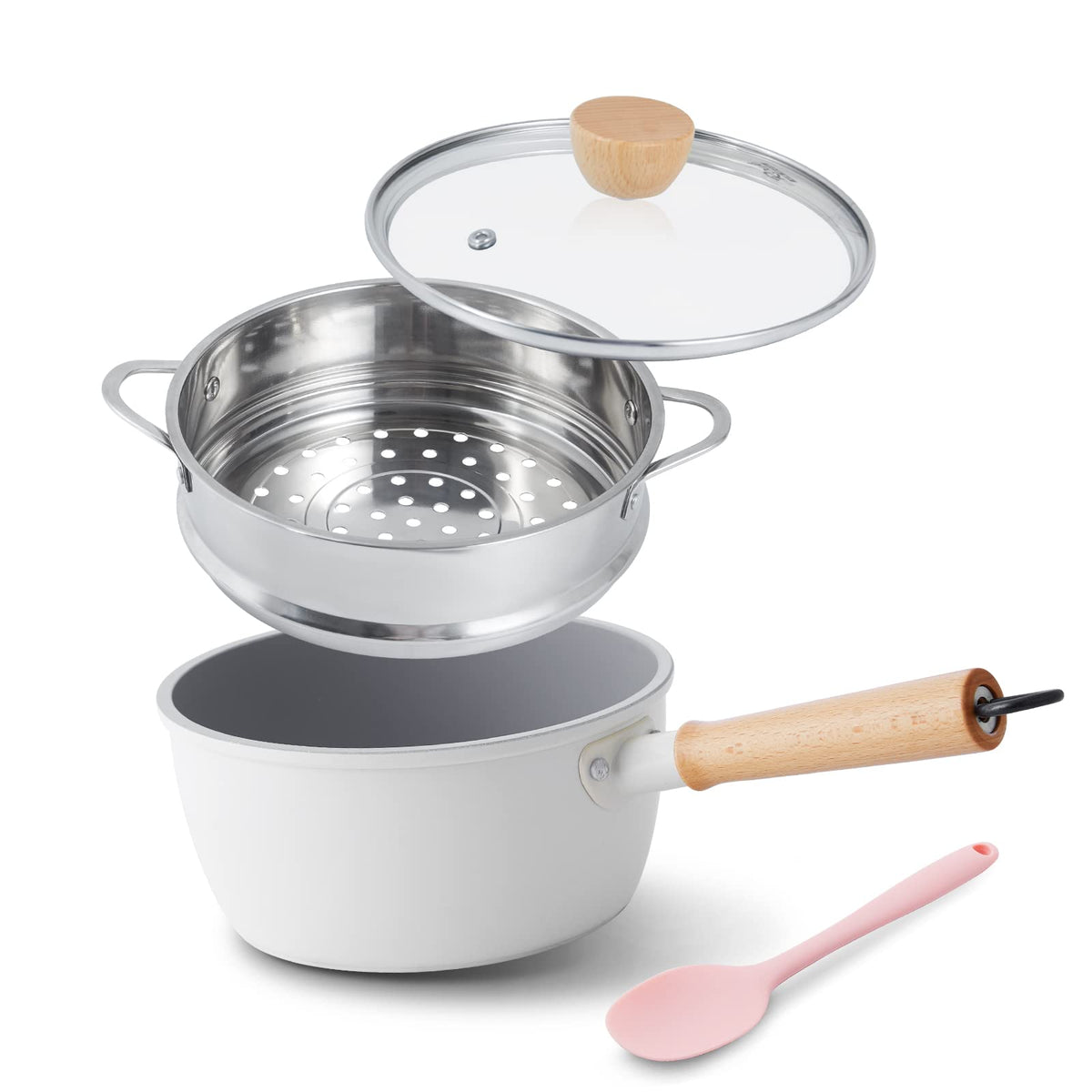 ROCKURWOK Non Stick Sauce Pan with Steamer, 2.5QT Small Pot, Beige White