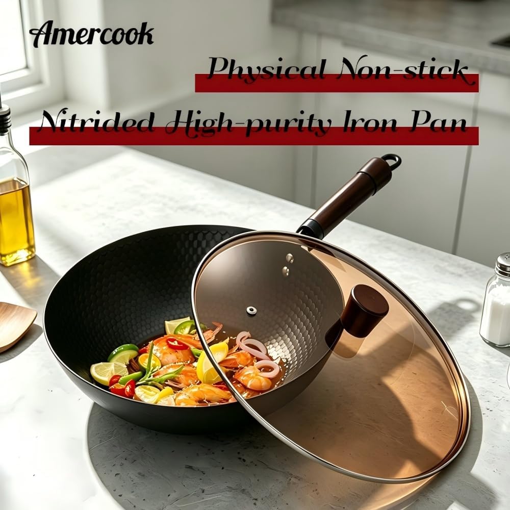 Amercook Cast Iron Wok, Frying Pan, Chinese Wok, Flat Bottom Cookware, Non-Stick Easy To Clean For Frying, Stir-Frying, Cooking, PFOA-Free, Dishwasher Safe Compatible With All Kitchen (12.59-in)