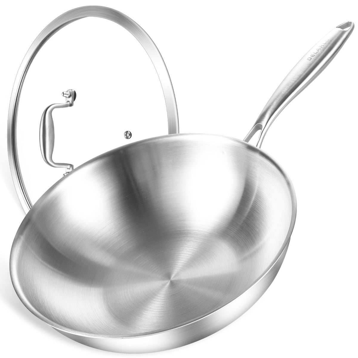 DELARLO Whole Body Tri-Ply Stainless Steel Wok 9.45 inch, Deep Kitchen Stir-Fry Pan, Small Wok Pan with Lids, Induction Mini wok, Suitable for All Stove, Up to 600℉, Detachable Handle