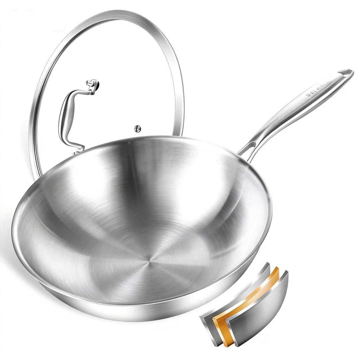 DELARLO Whole Body Tri-Ply Stainless Steel Wok 9.45 inch, Deep Kitchen Stir-Fry Pan, Small Wok Pan with Lids, Induction Mini wok, Suitable for All Stove, Up to 600℉, Detachable Handle