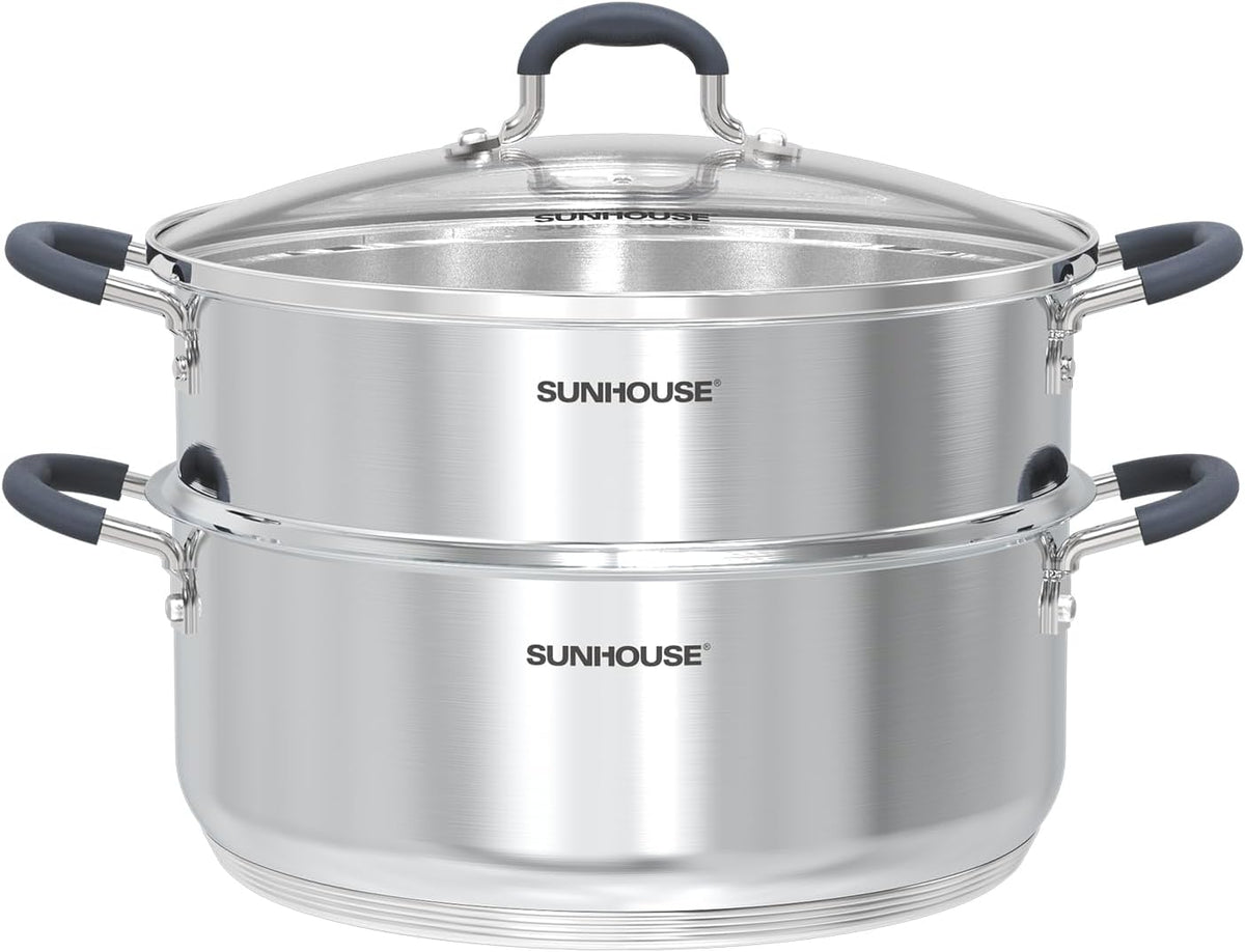 SUNHOUSE 6.3 QT Stainless Steel Steamer Pot for Cooking with Glass Lid