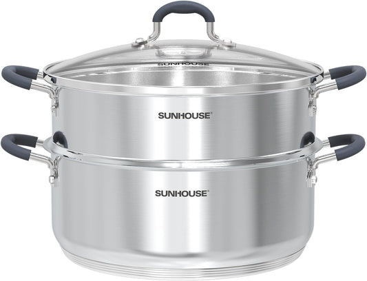 SUNHOUSE 6.3 QT Stainless Steel Steamer Pot for Cooking with Glass Lid