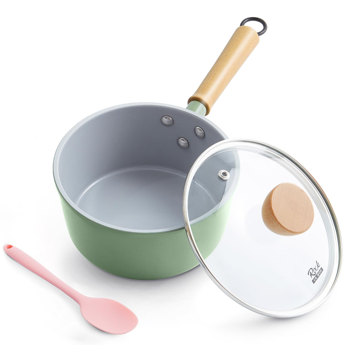 ROCKURWOK Ceramic Nonstick Sauce Pan with Steamer, 2.5QT Cooking Pot, Green