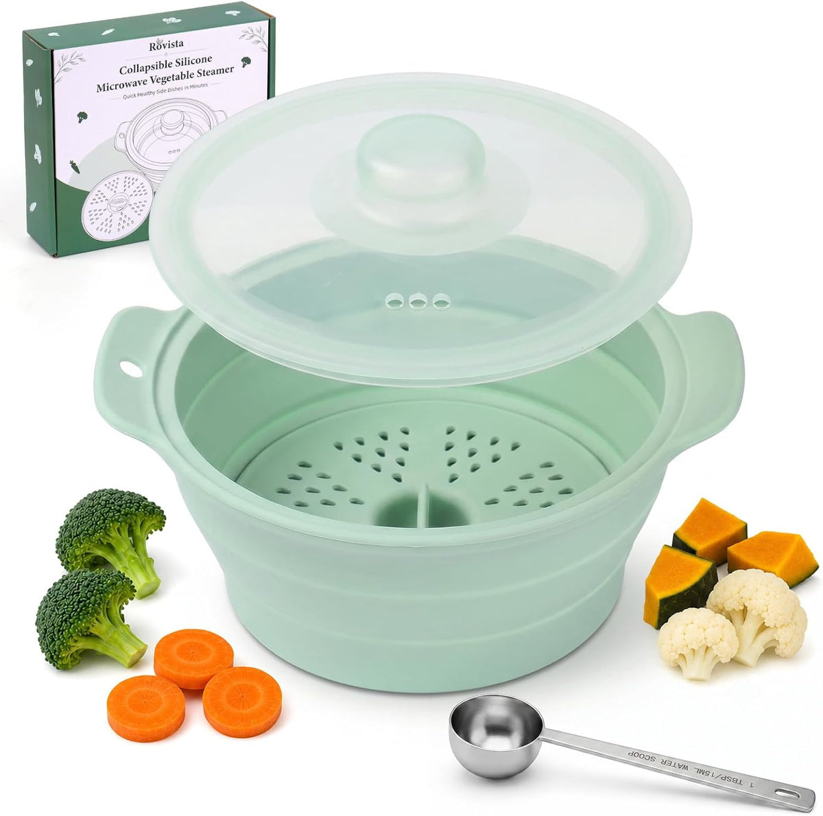 42oz Collapsible Silicone Microwave Steamer for Vegetables, Green