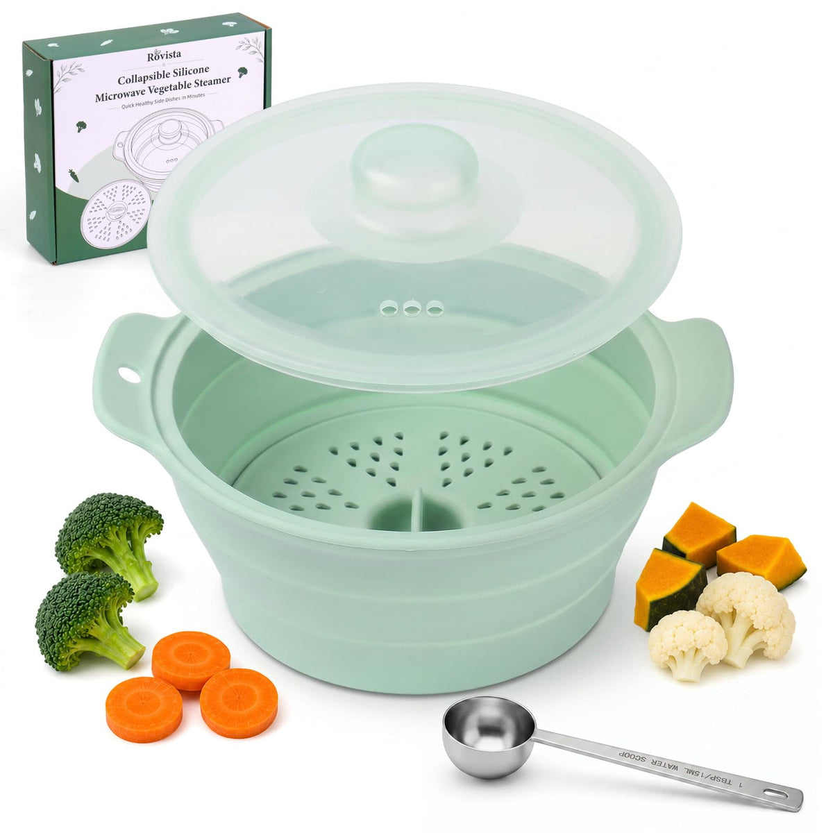42oz Collapsible Silicone Microwave Steamer for Vegetables, Green