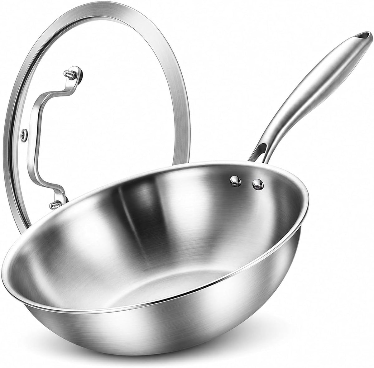 LOLYKITCH 11-Inch Tri-Ply Stainless Steel Wok Pan with Lid | Riveted Handle