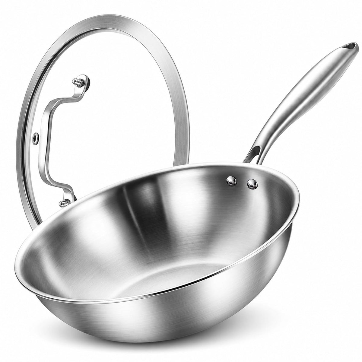 LOLYKITCH 11-Inch Tri-Ply Stainless Steel Wok Pan with Lid | Riveted Handle