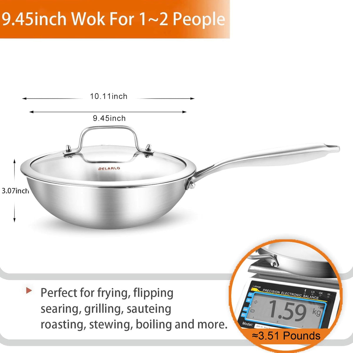 DELARLO Whole Body Tri-Ply Stainless Steel Wok 9.45 inch, Deep Kitchen Stir-Fry Pan, Small Wok Pan with Lids, Induction Mini wok, Suitable for All Stove, Up to 600℉, Detachable Handle