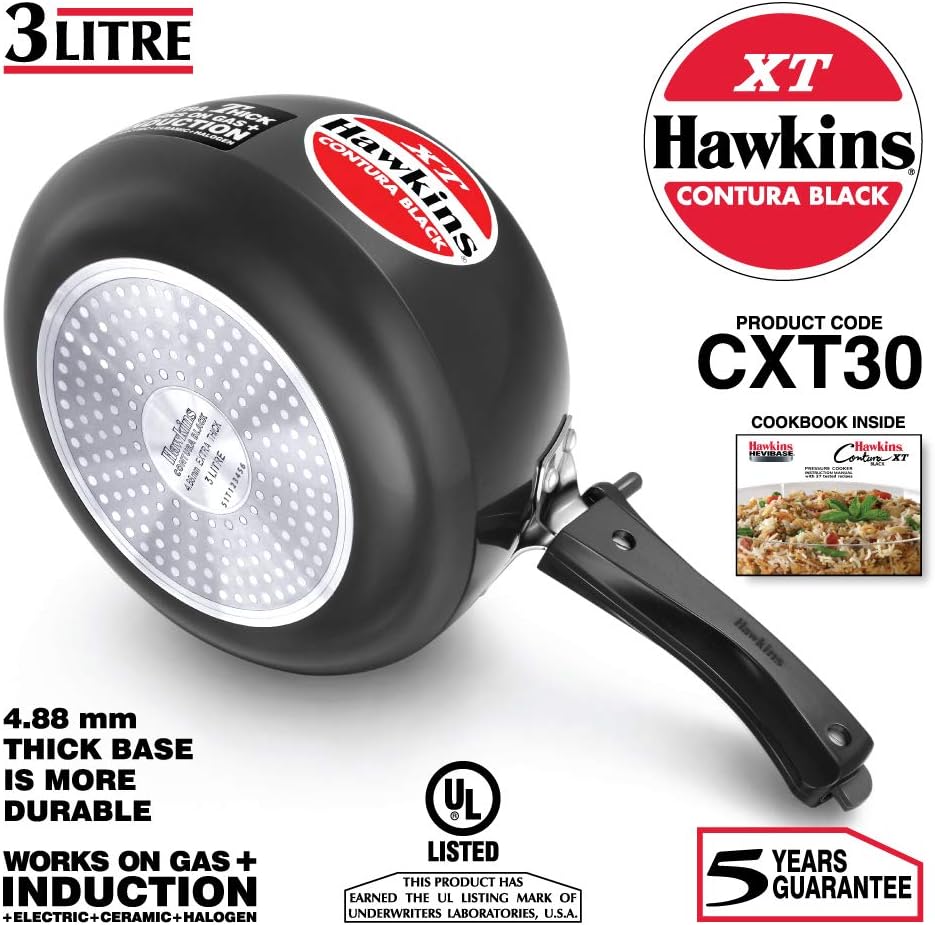 Hawkins Contura Hard Anodized Induction Compatible Extra Thick Base Pressure Cooker, Black, 3L