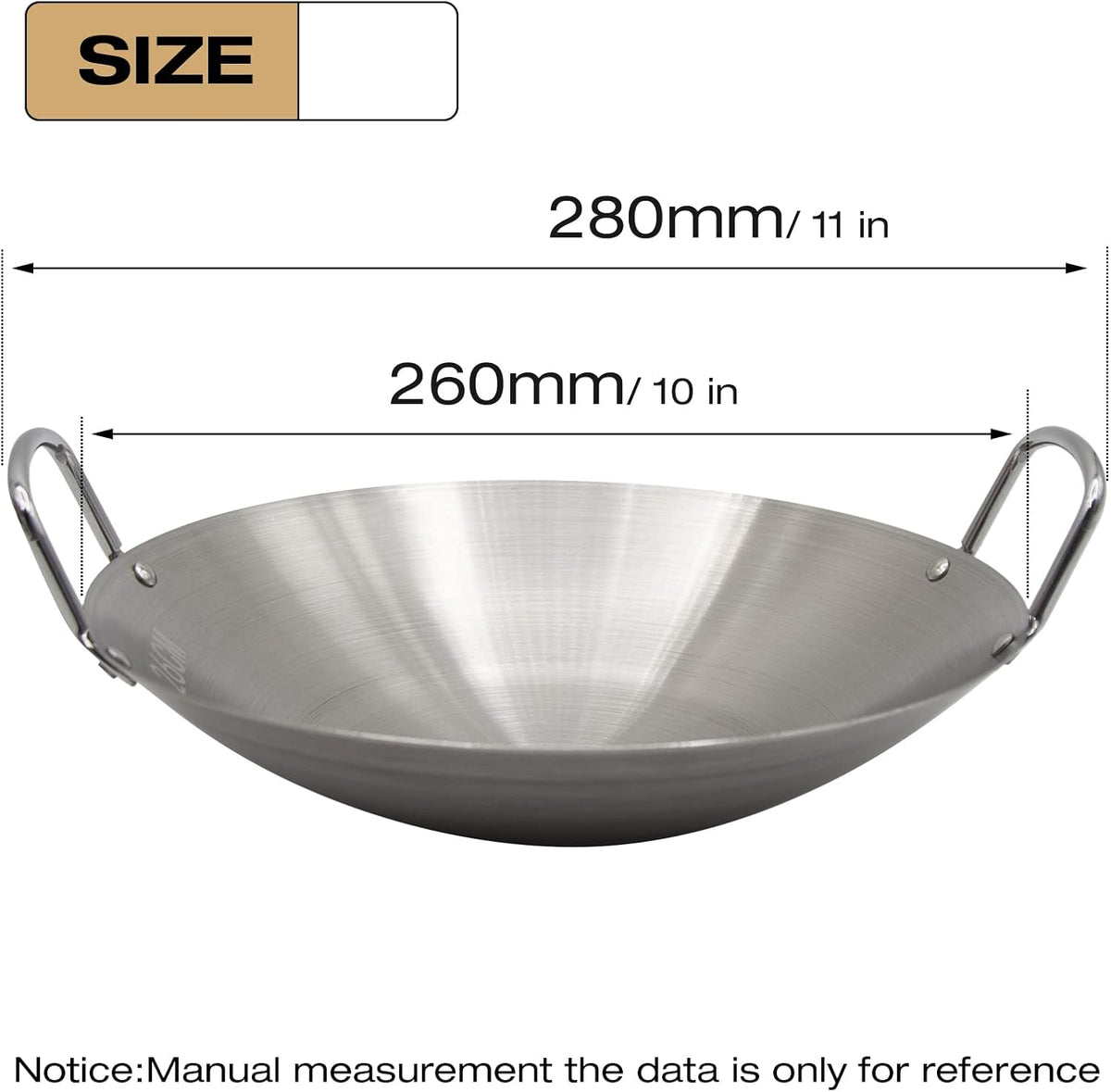 MDEOOSKY 26cm/10.23in Wok Thickened Stainless Steel Wok Pan Dual-Handled Frying Pan for Chinese Style Stir-Fry, Restaurant, Stove Top