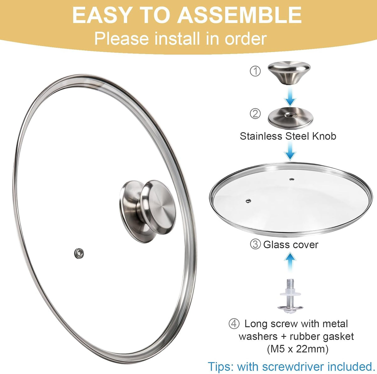 12 Inch Pan Lid - Tempered Glass Pot Lid, Stainless Steel Knob