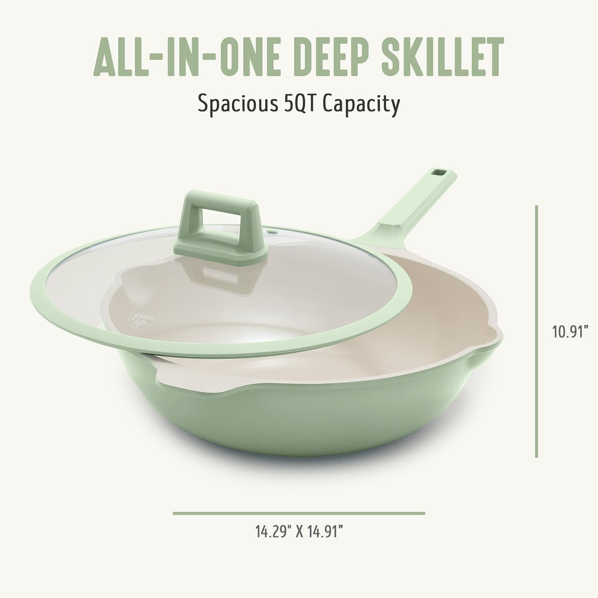 GreenLife Nonstick 12” (5QT) All in One Deep Skillet Wok with Lid, PFAS-Free Non-Toxic Ceramic Multi-Purpose Pan, Induction, All Stovetop, Egg, Stir Fry, Saute, Stay Cool Handle, Sage Green