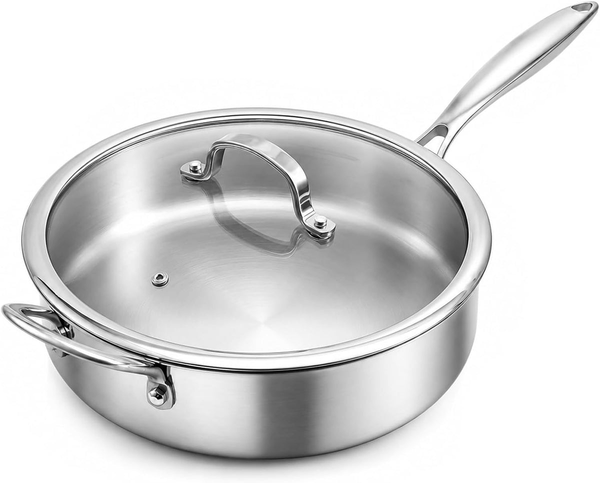 WANGYUANJI 11 Inch Tri-Ply Stainless Steel Saute Pan with Glass Lid, 4.7 QT Deep Skillet for 3–4 Servings, 18/10 304 Interior, Induction Compatible, Oven & Dishwasher Safe