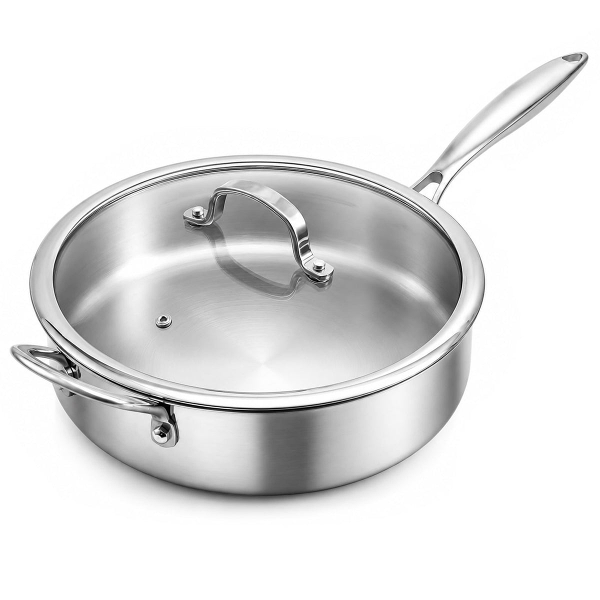WANGYUANJI 11 Inch Tri-Ply Stainless Steel Saute Pan with Glass Lid, 4.7 QT Deep Skillet for 3–4 Servings, 18/10 304 Interior, Induction Compatible, Oven & Dishwasher Safe