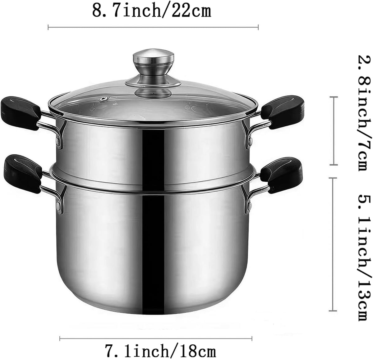 3.4QT Steamer for Cooking,Stainless Steel Steamer Pots with Vegetable Steam Basket,Glass Lid,Cooking Stock Pot with Handle for Vegetable, Dumplings, Soup, Food