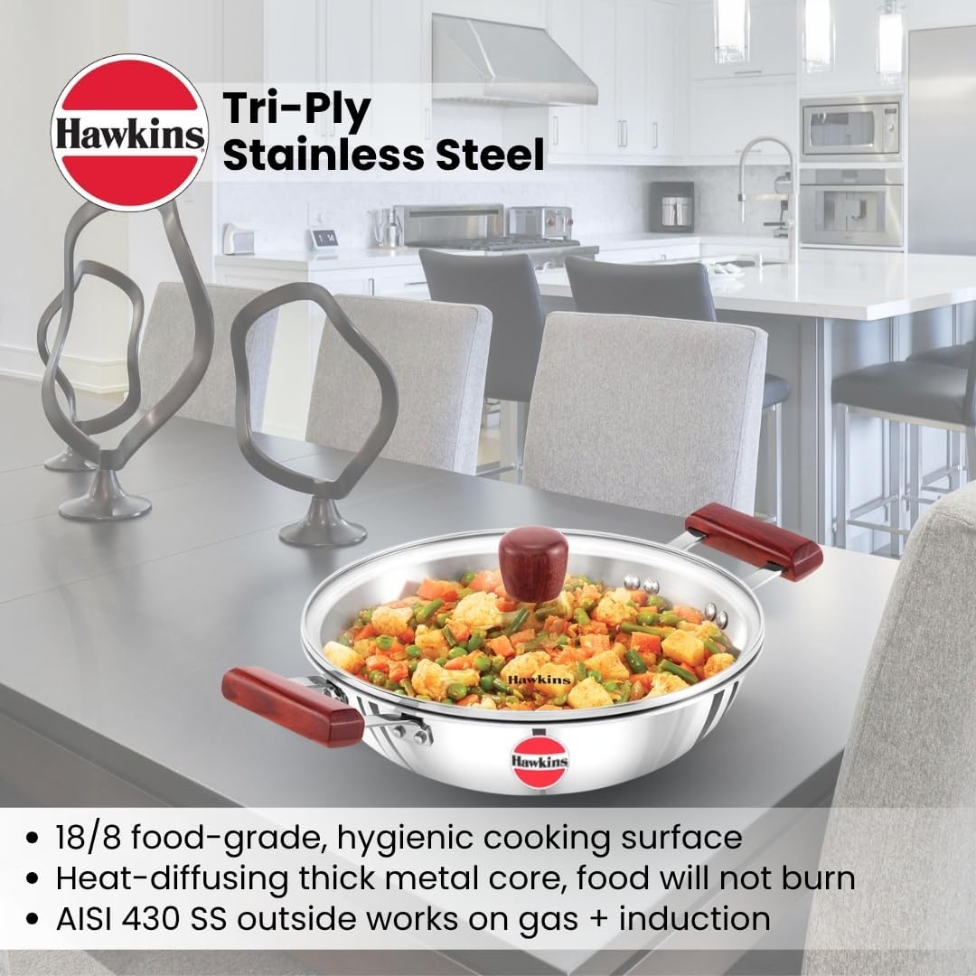 Hawkins 2.5 Litre Deep Fry Pan, Triply Stainless Steel Kadai with Glass Lid, Flat Bottom Induction Kadhai, Silver (SSD25G)