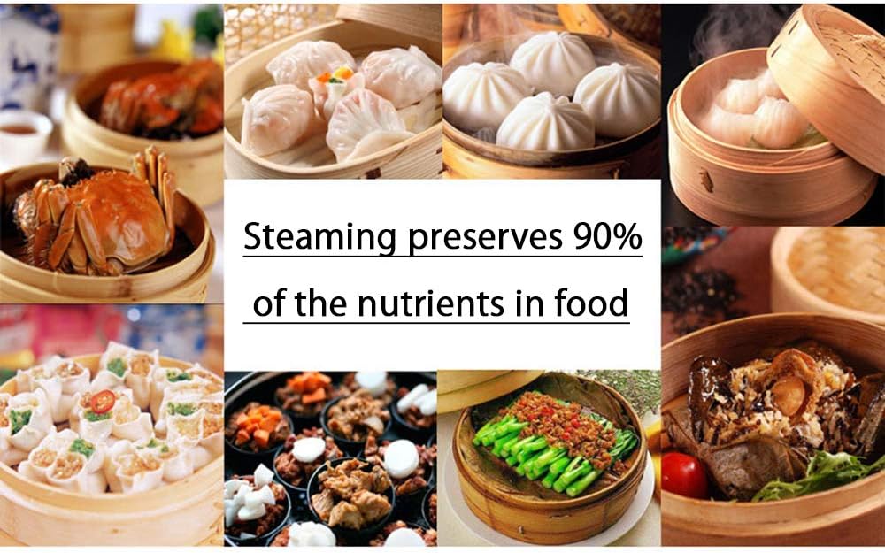 2-Tier Kitchen Bamboo Steamer with Stainless Steel Rings for Asian Cooking | Sauce Dish & 2-Chopsticks | Buns Dumplings Vegetables Fish Rice
