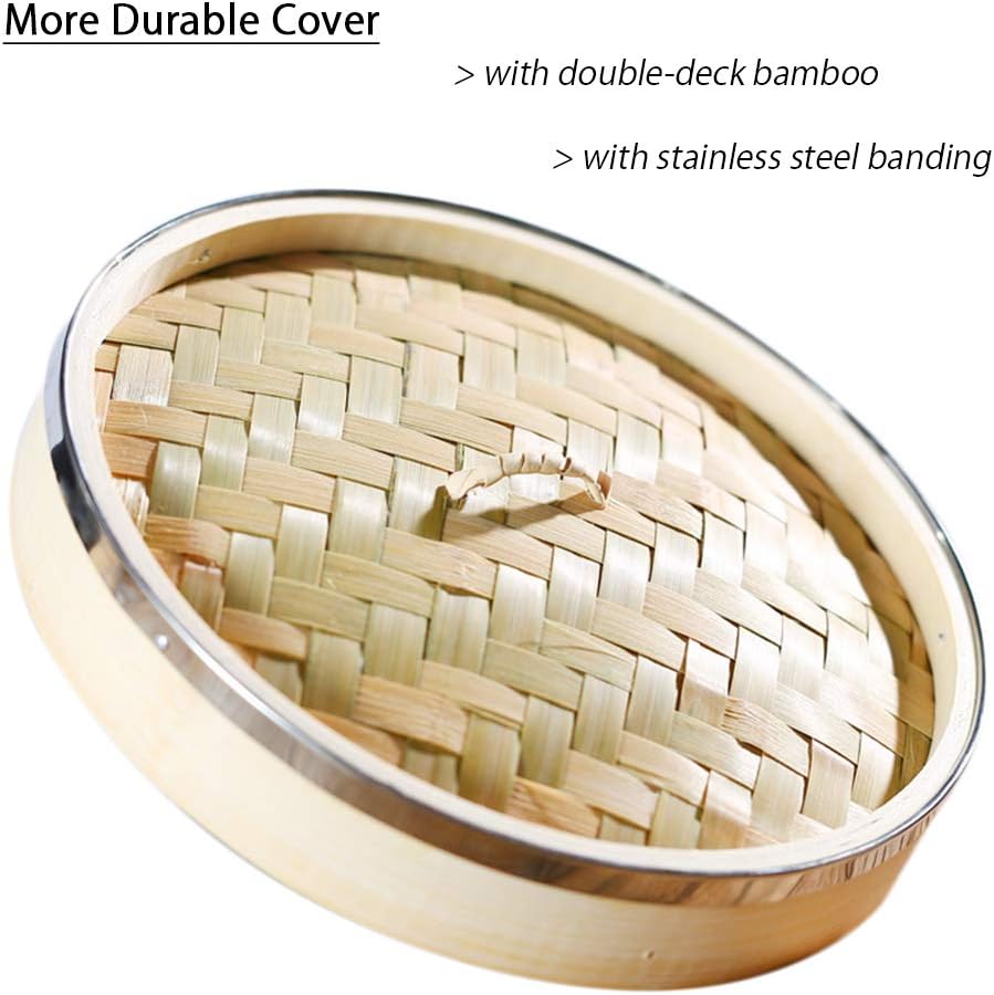 2-Tier Kitchen Bamboo Steamer with Stainless Steel Rings for Asian Cooking | Sauce Dish & 2-Chopsticks | Buns Dumplings Vegetables Fish Rice